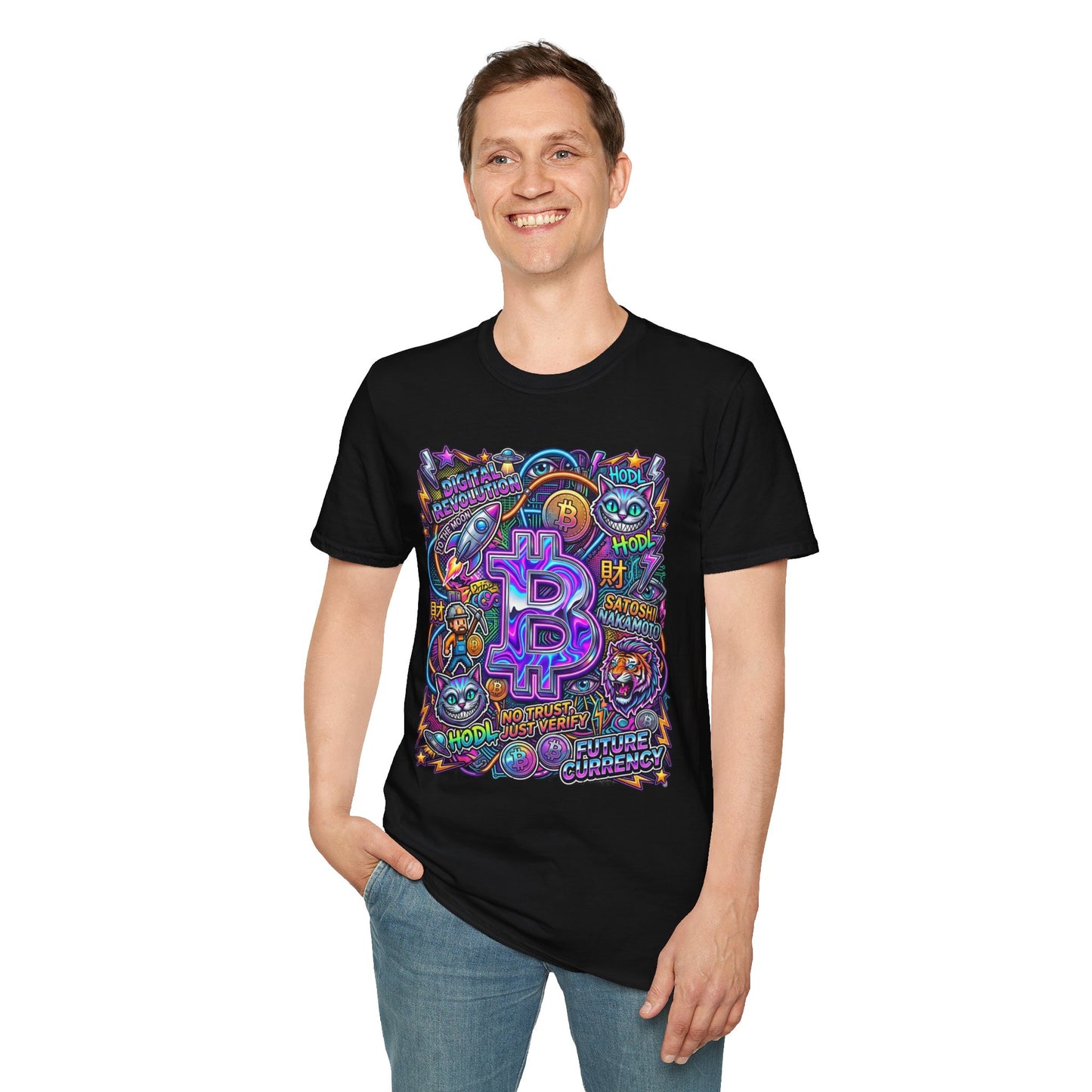 Bitcoin Electric Crypto Art T-Shirt — HODL, BTC Neon Graphic Tee
