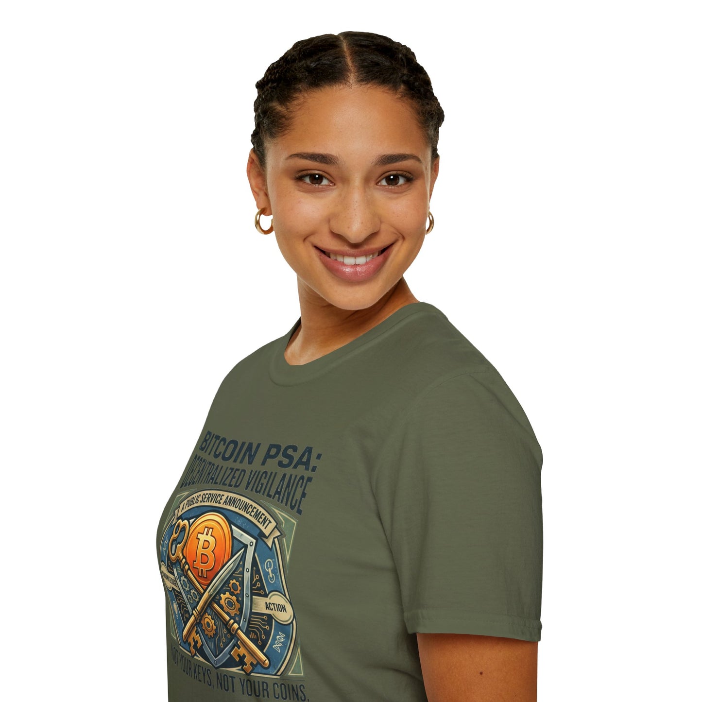 Bitcoin PSA T-Shirt — "Decentralized Vigilance: Not Your Keys, Not Your Coins"