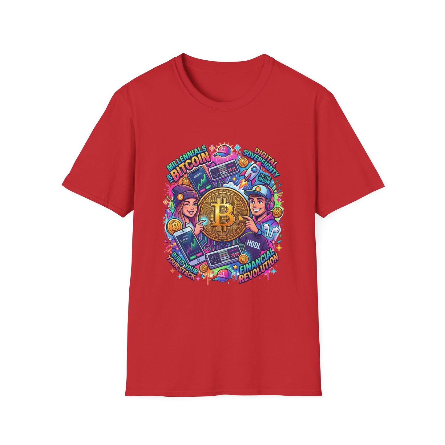 Bitcoin Millennial Crypto Crew T‑Shirt — Colorful Crypto Mining Graphic Tee