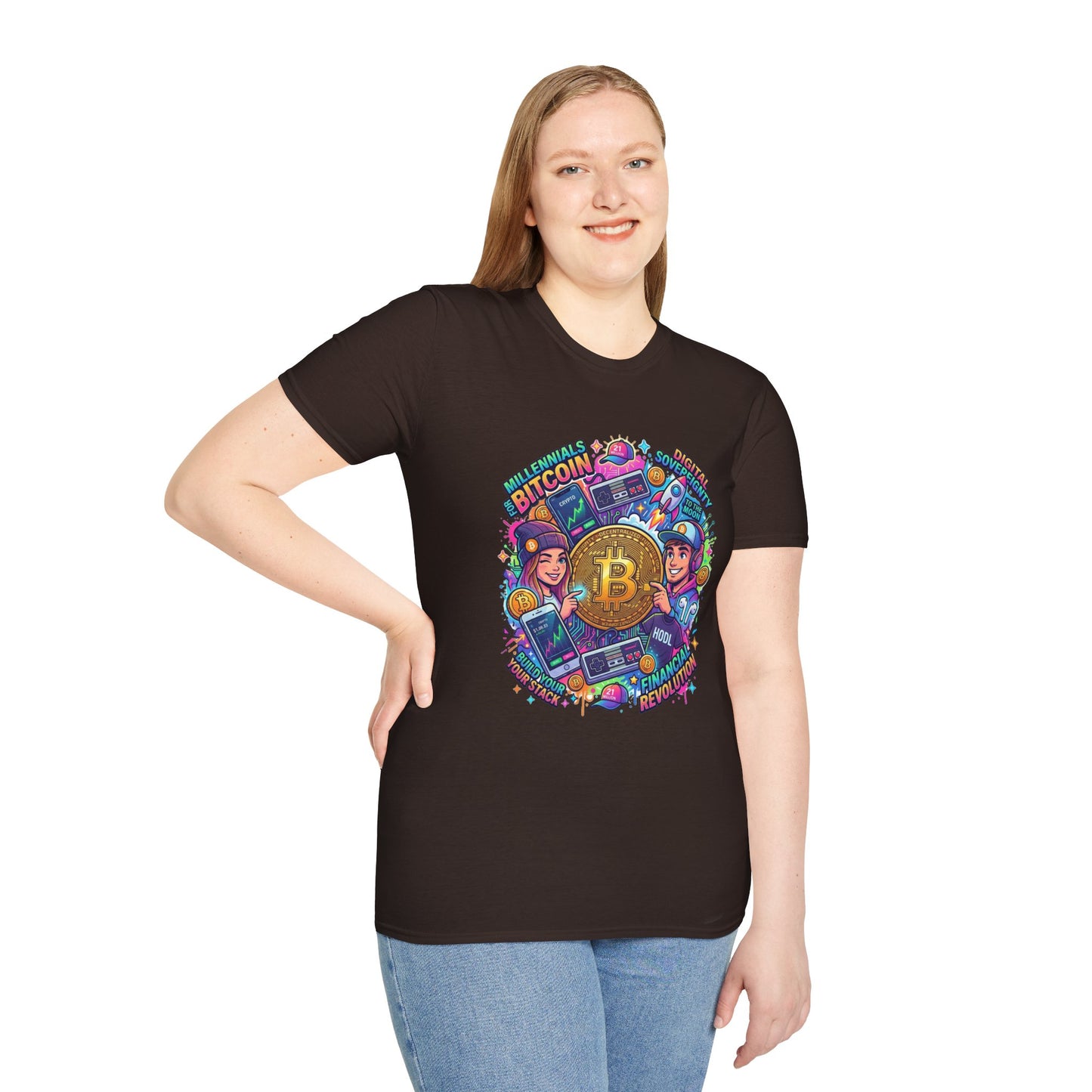 Bitcoin Millennial Crypto Crew T‑Shirt — Colorful Crypto Mining Graphic Tee