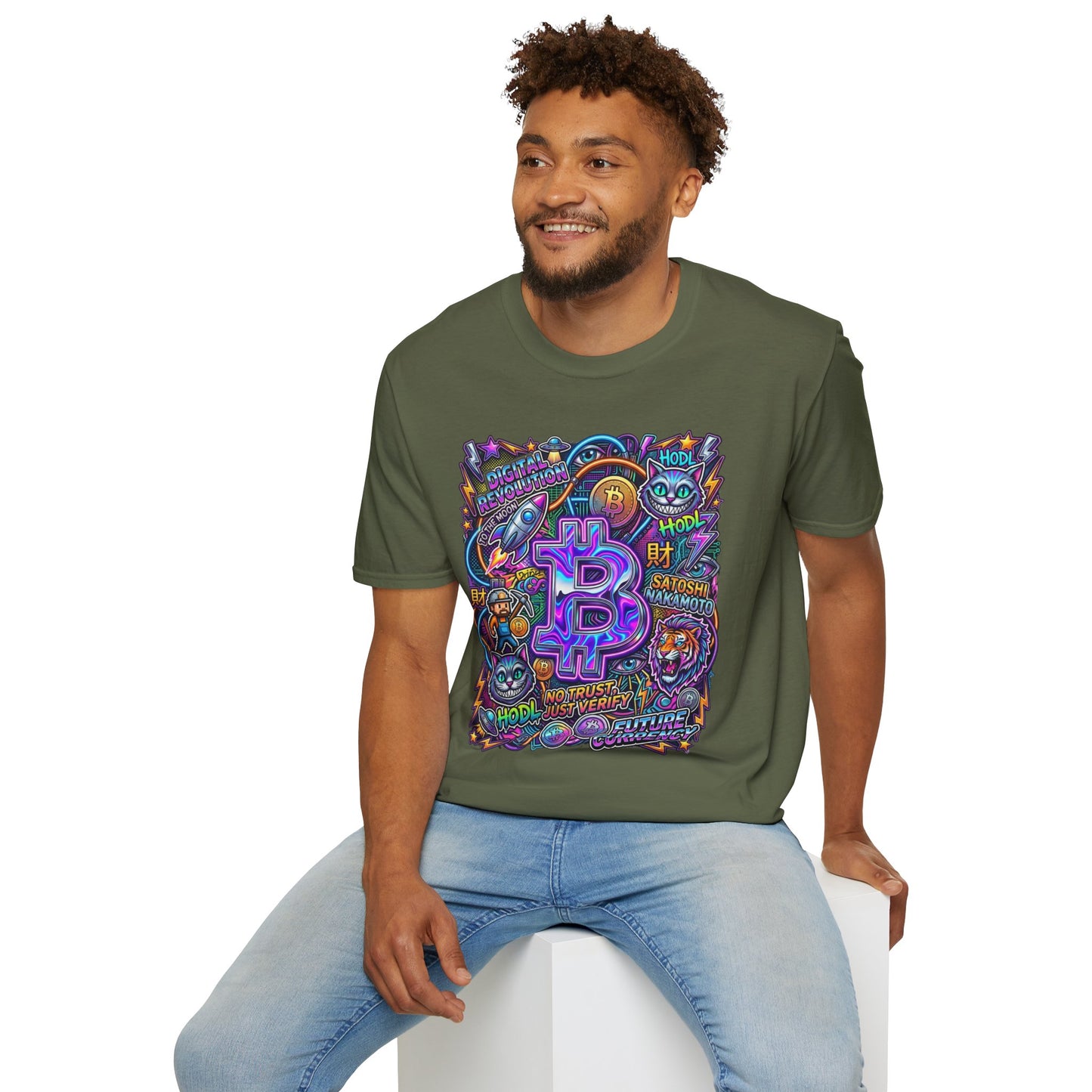 Bitcoin Electric Crypto Art T-Shirt — HODL, BTC Neon Graphic Tee