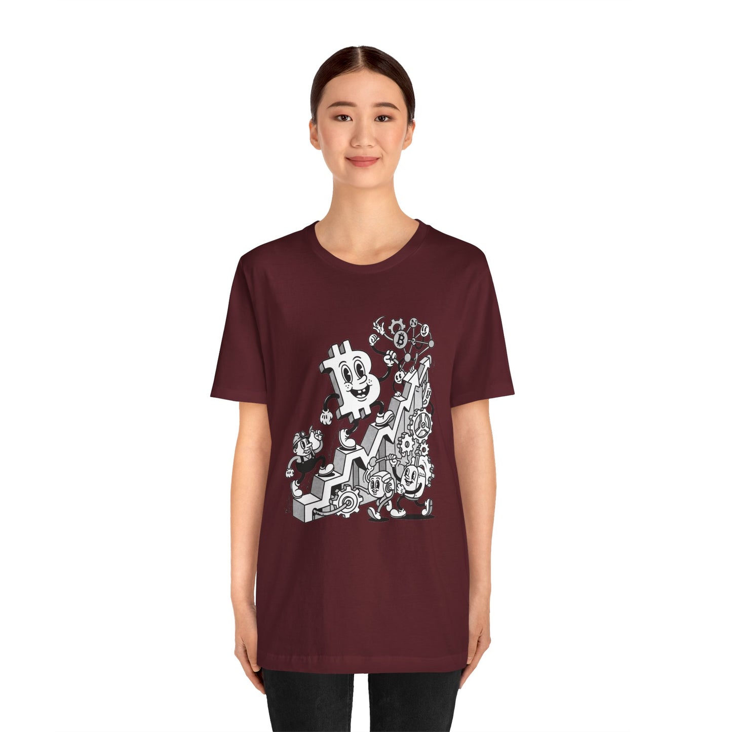 Bitcoin Growth Cartoon Tee — Crypto Stairs Illustration T-Shirt