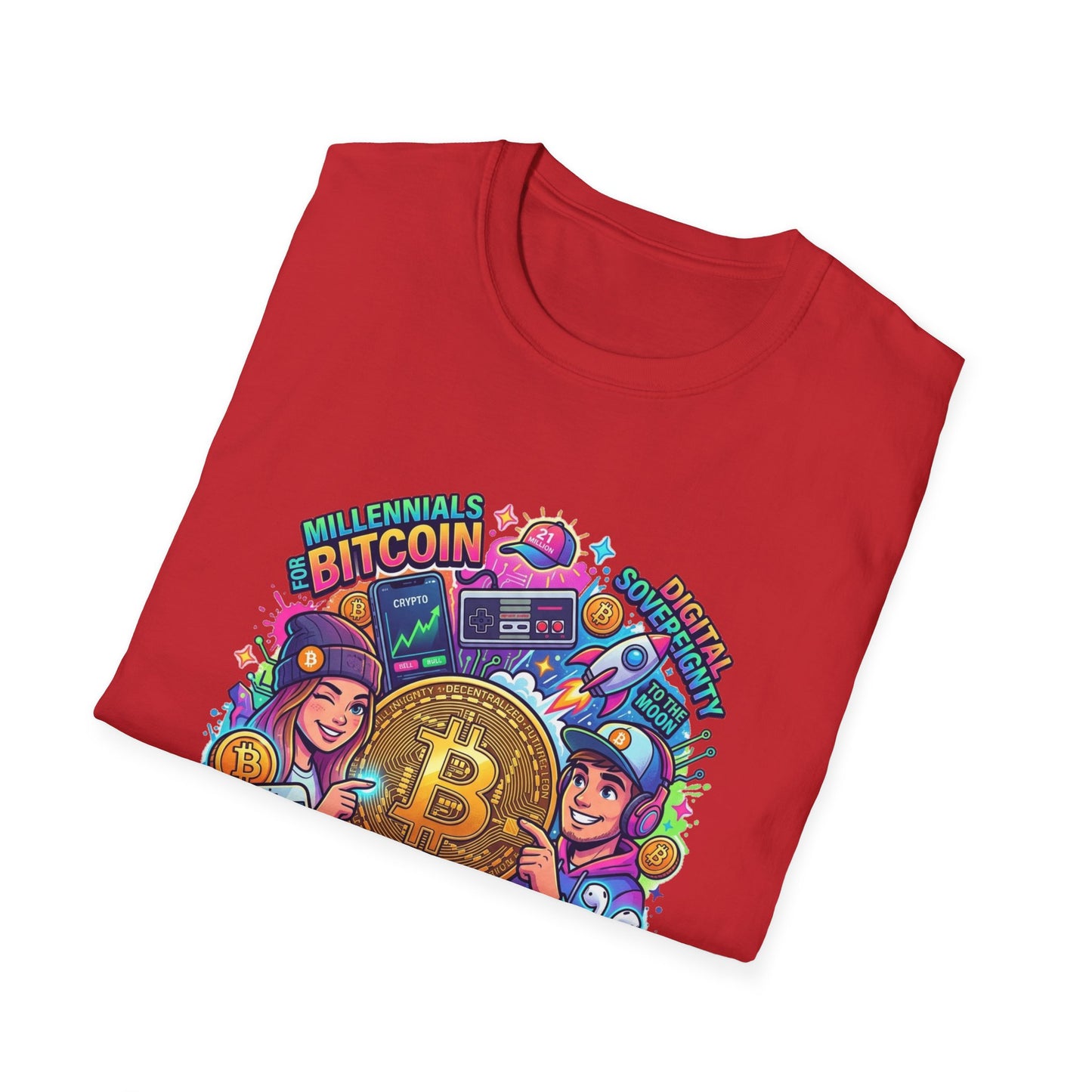 Bitcoin Millennial Crypto Crew T‑Shirt — Colorful Crypto Mining Graphic Tee