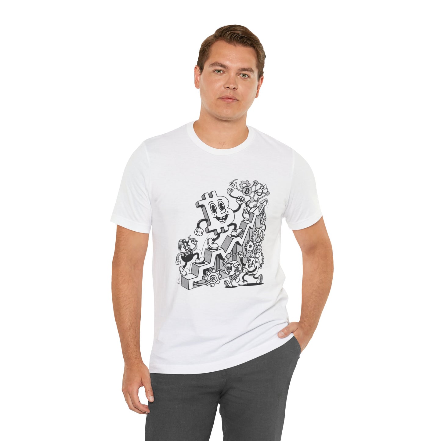 Bitcoin Growth Cartoon Tee — Crypto Stairs Illustration T-Shirt