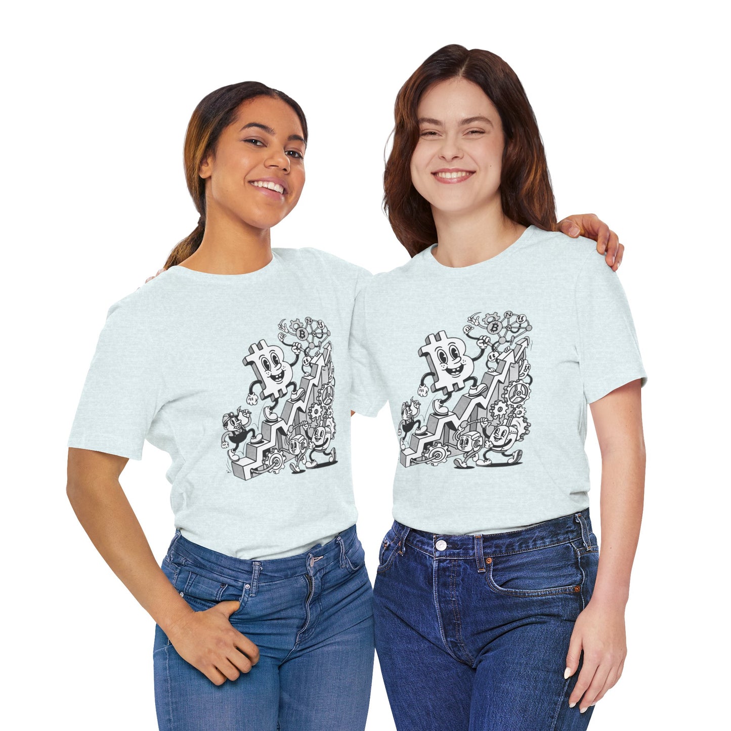 Bitcoin Growth Cartoon Tee — Crypto Stairs Illustration T-Shirt