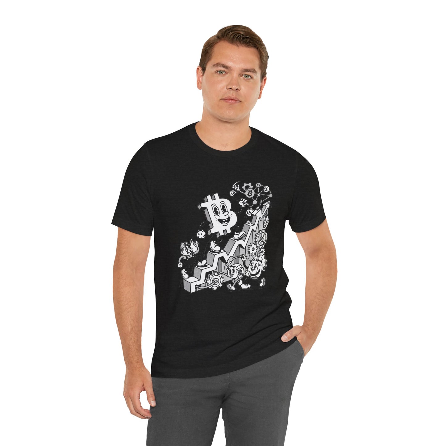 Bitcoin Growth Cartoon Tee — Crypto Stairs Illustration T-Shirt