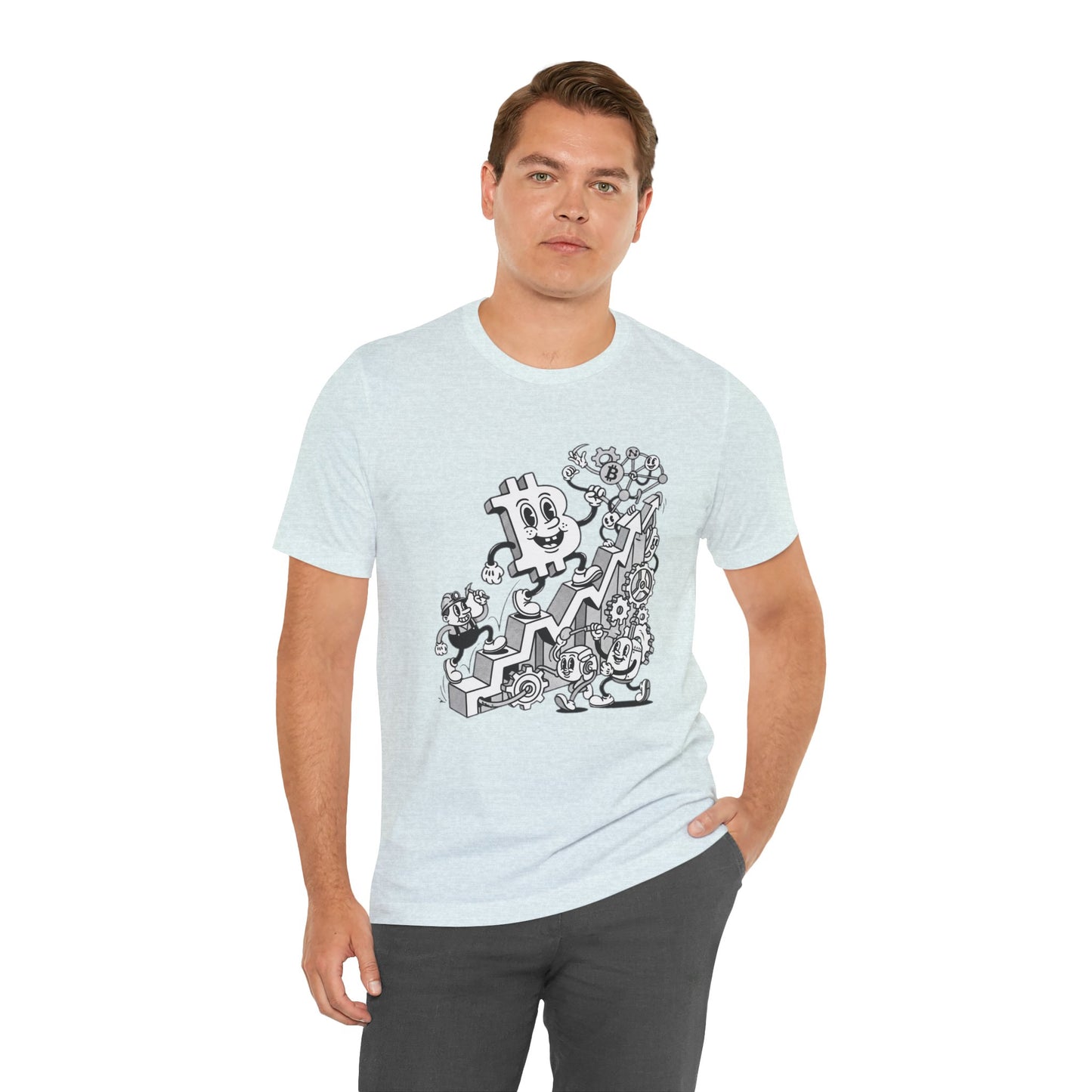 Bitcoin Growth Cartoon Tee — Crypto Stairs Illustration T-Shirt