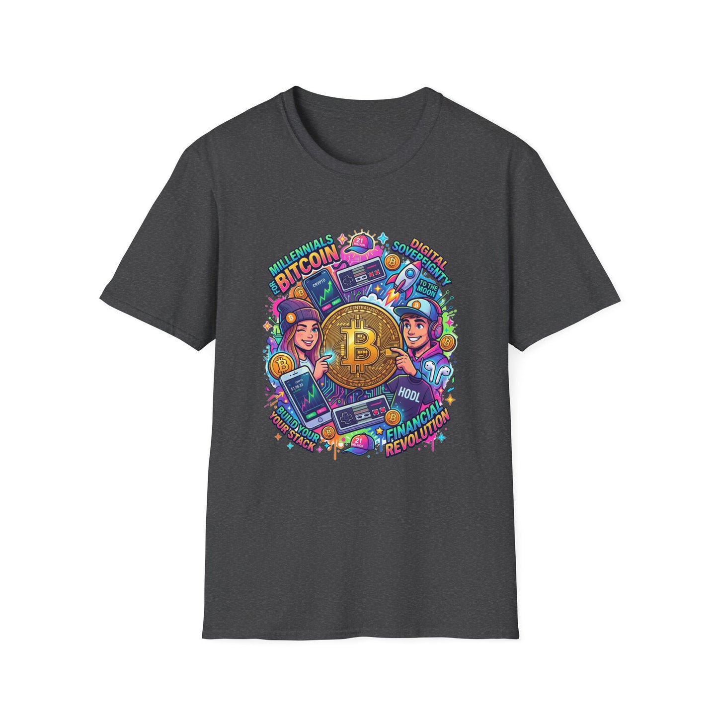 Bitcoin Millennial Crypto Crew T‑Shirt — Colorful Crypto Mining Graphic Tee