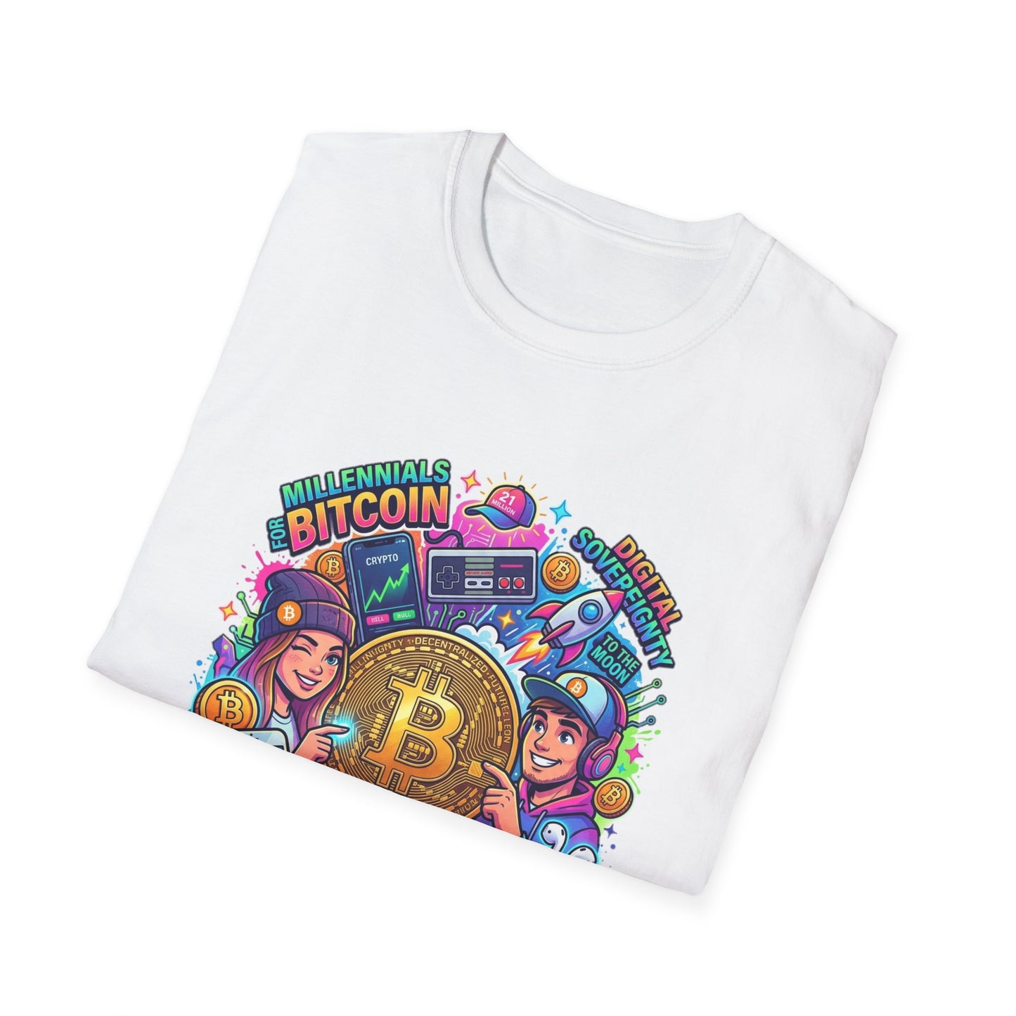 Bitcoin Millennial Crypto Crew T‑Shirt — Colorful Crypto Mining Graphic Tee