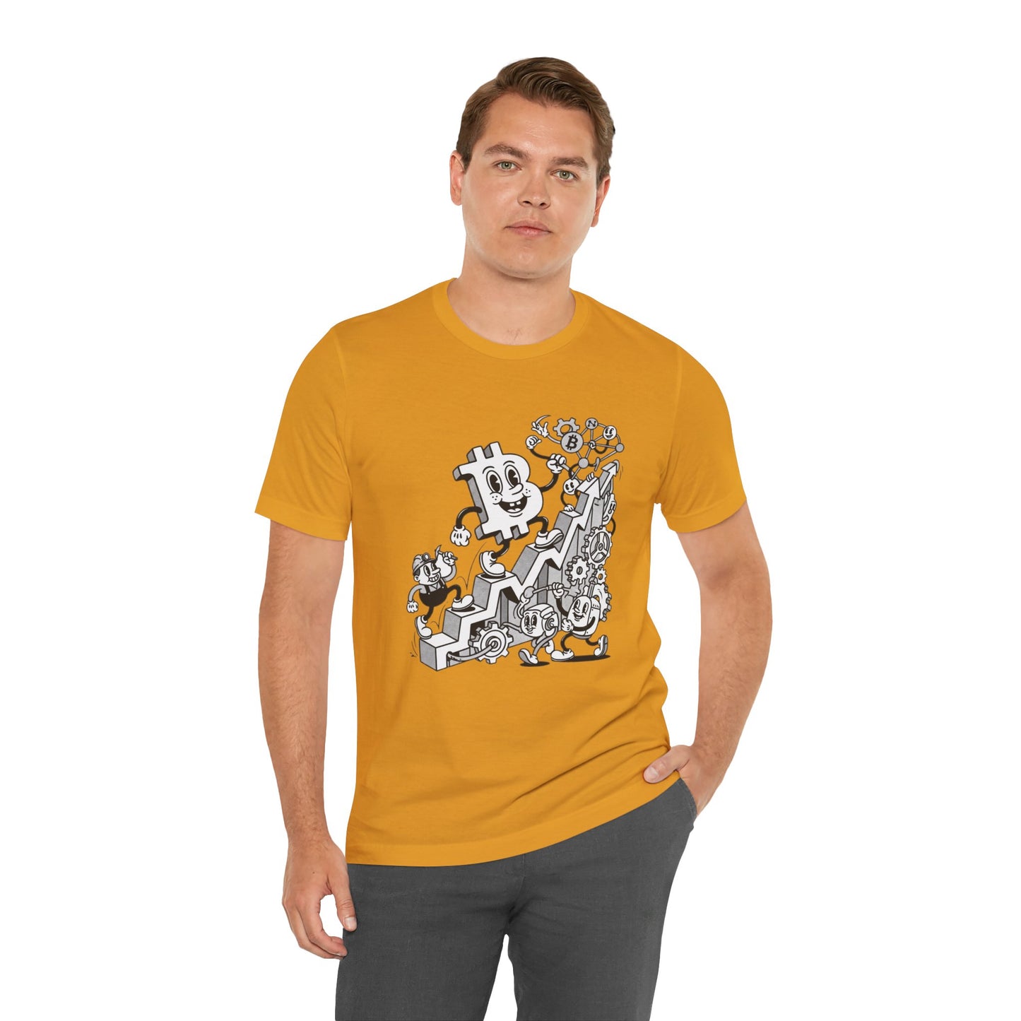 Bitcoin Growth Cartoon Tee — Crypto Stairs Illustration T-Shirt