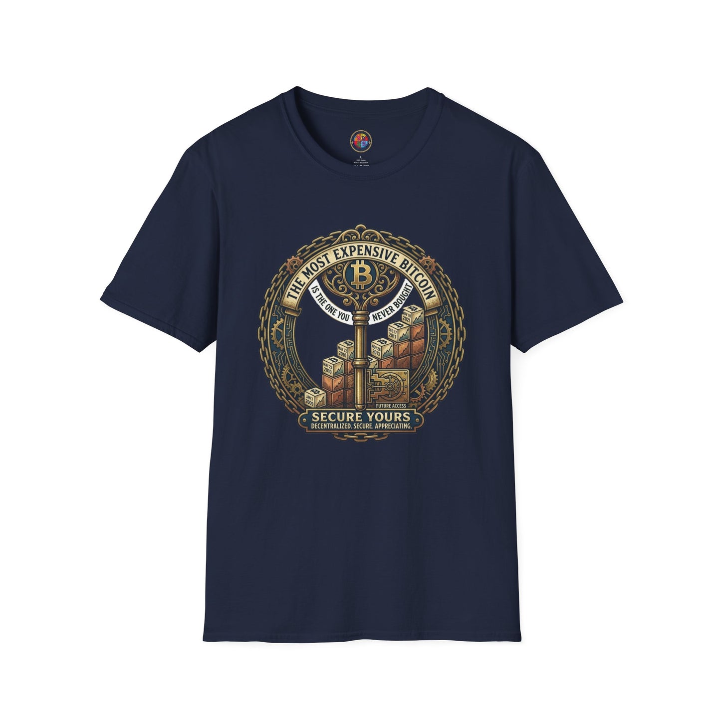 Bitcoin Vintage Key & Vault T-Shirt — "Secure Yours" Cryptocurrency Graphic Tee
