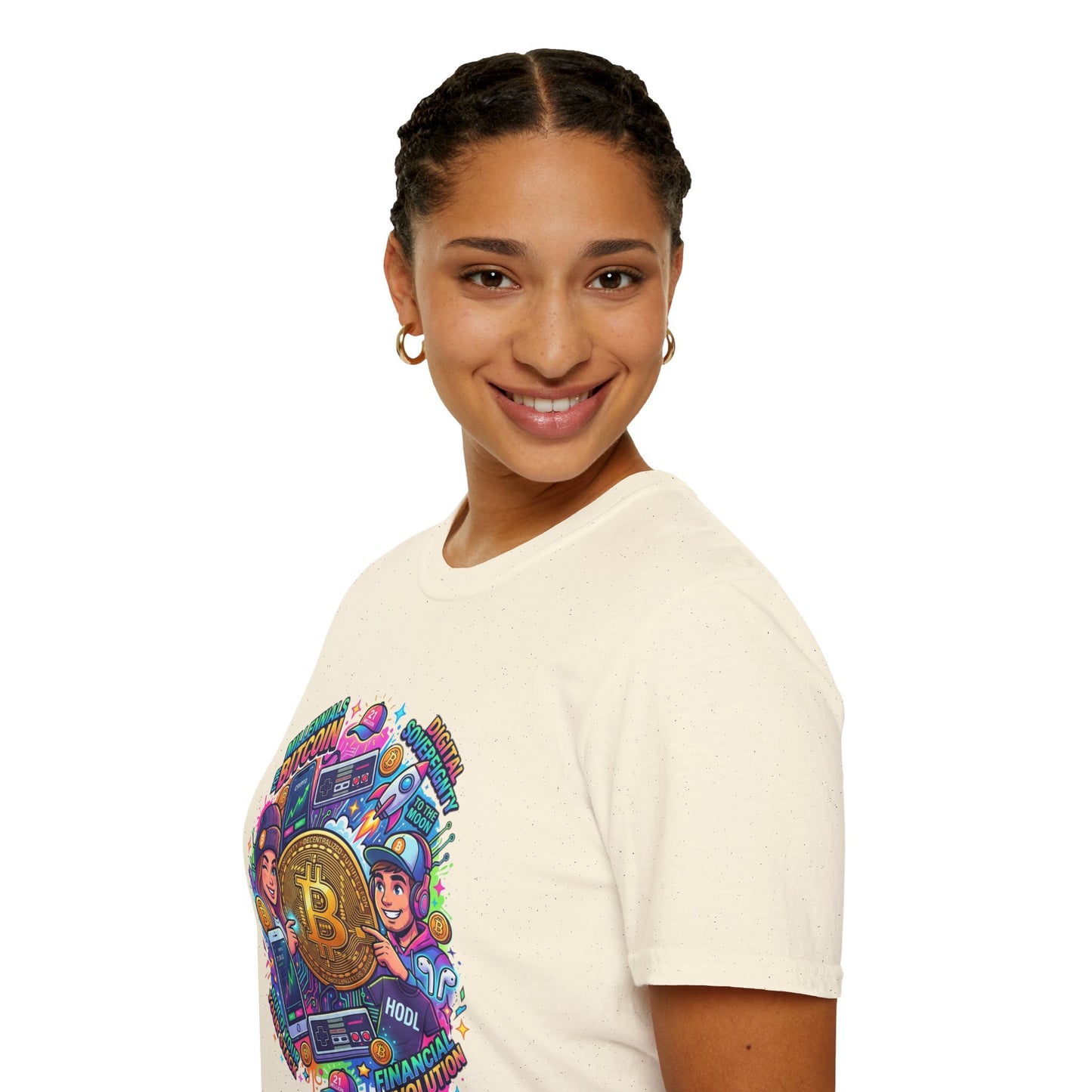 Bitcoin Millennial Crypto Crew T‑Shirt — Colorful Crypto Mining Graphic Tee