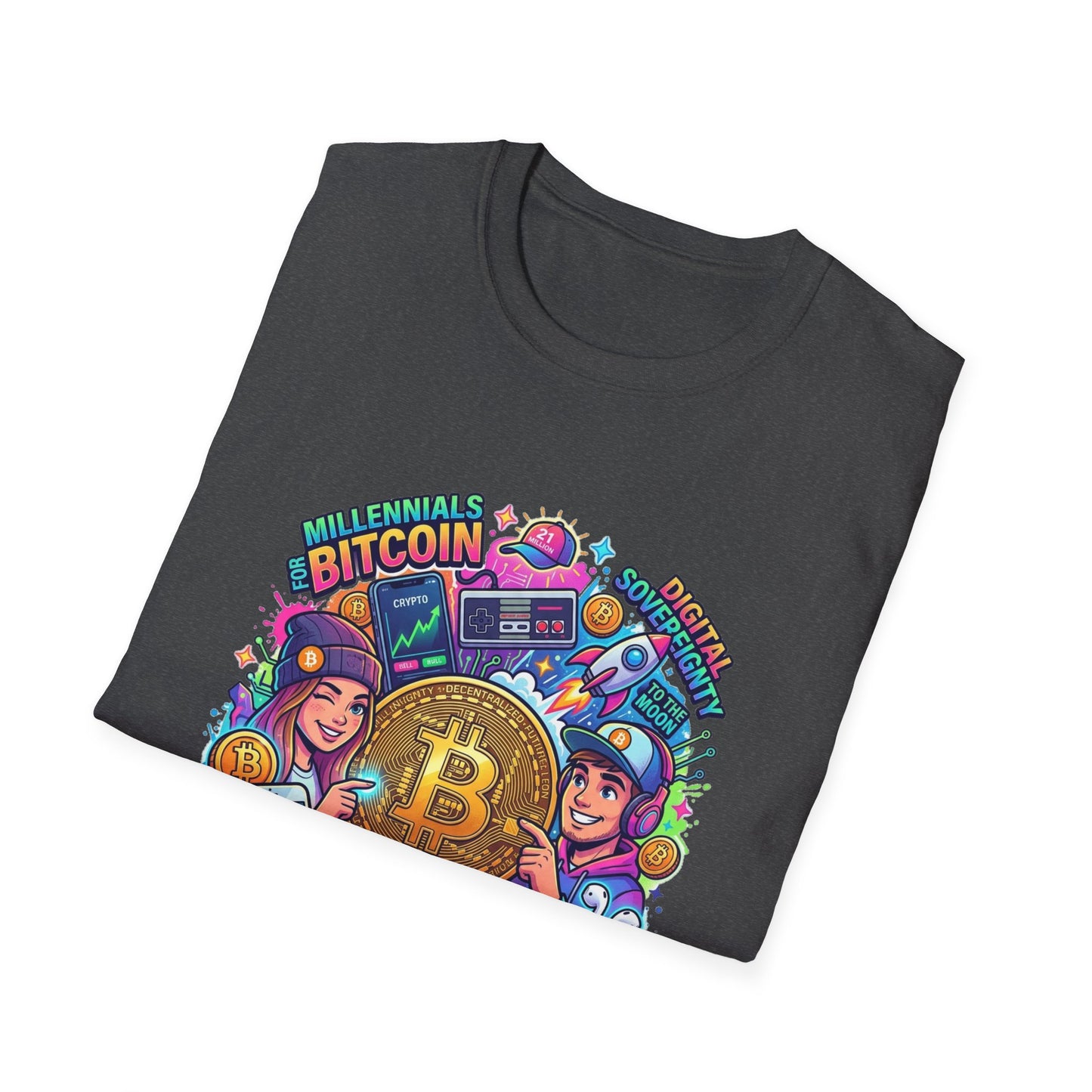 Bitcoin Millennial Crypto Crew T‑Shirt — Colorful Crypto Mining Graphic Tee