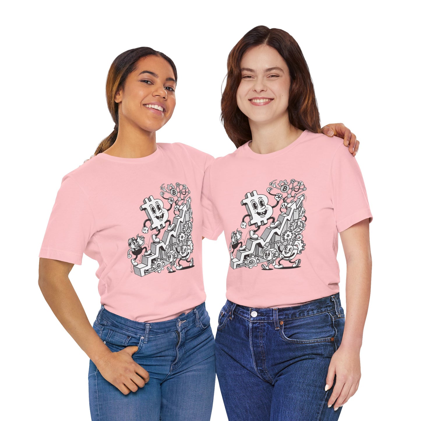 Bitcoin Growth Cartoon Tee — Crypto Stairs Illustration T-Shirt