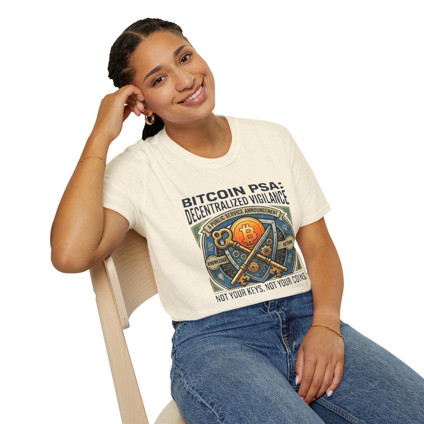Bitcoin PSA T-Shirt — "Decentralized Vigilance: Not Your Keys, Not Your Coins"