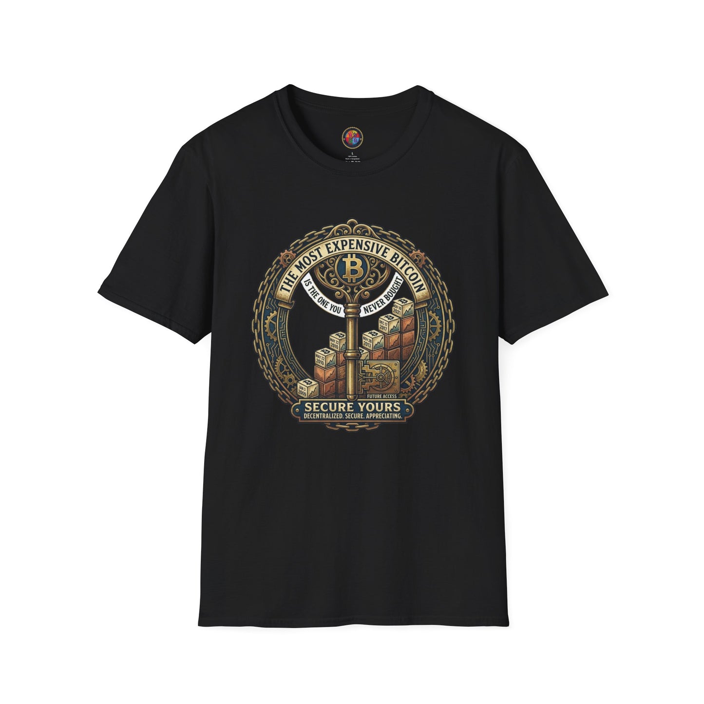 Bitcoin Vintage Key & Vault T-Shirt — "Secure Yours" Cryptocurrency Graphic Tee