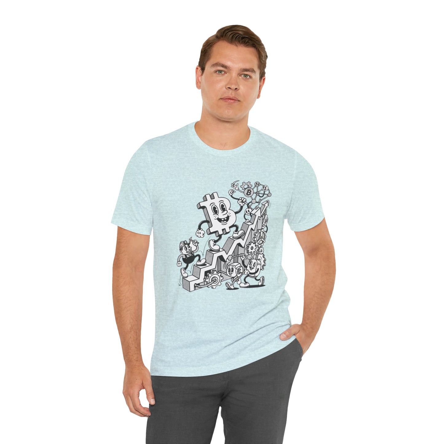 Bitcoin Growth Cartoon Tee — Crypto Stairs Illustration T-Shirt