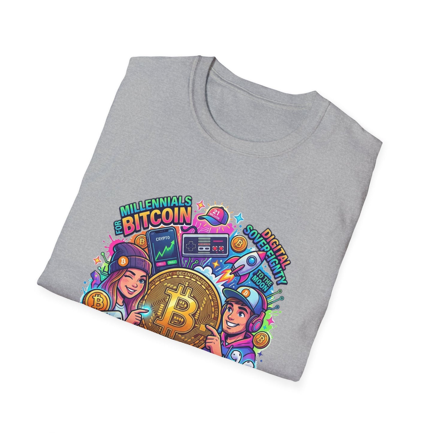 Bitcoin Millennial Crypto Crew T‑Shirt — Colorful Crypto Mining Graphic Tee