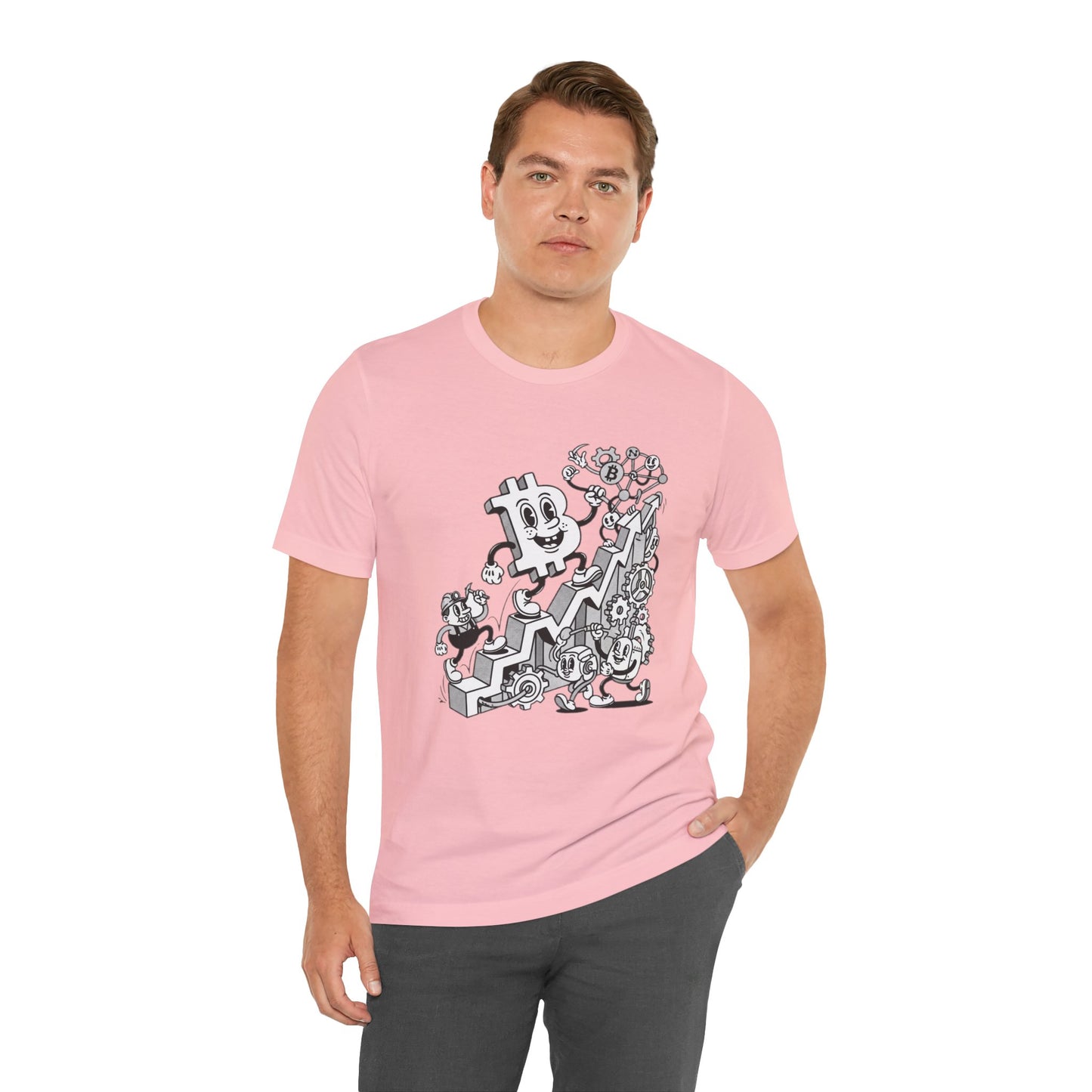Bitcoin Growth Cartoon Tee — Crypto Stairs Illustration T-Shirt