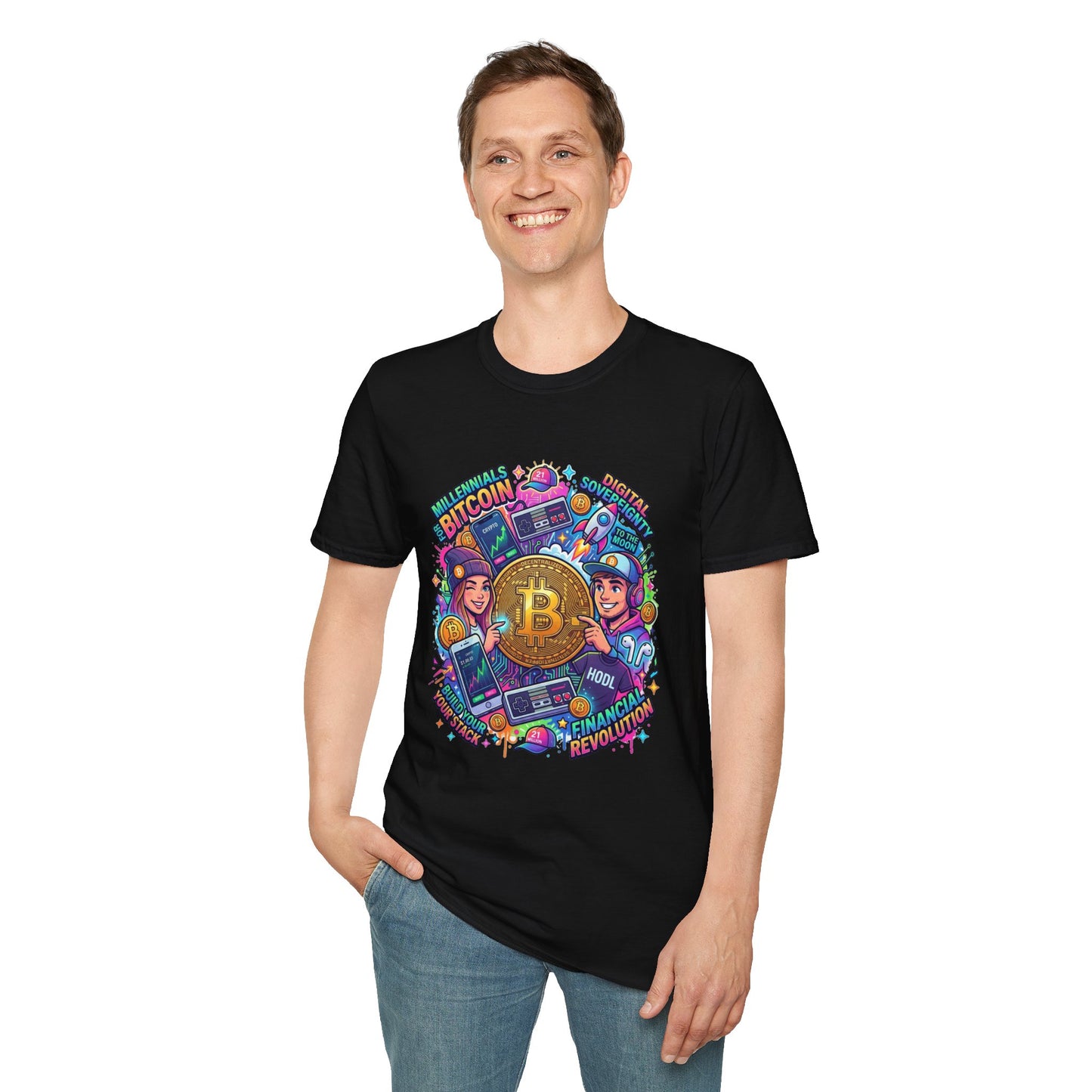 Bitcoin Millennial Crypto Crew T‑Shirt — Colorful Crypto Mining Graphic Tee