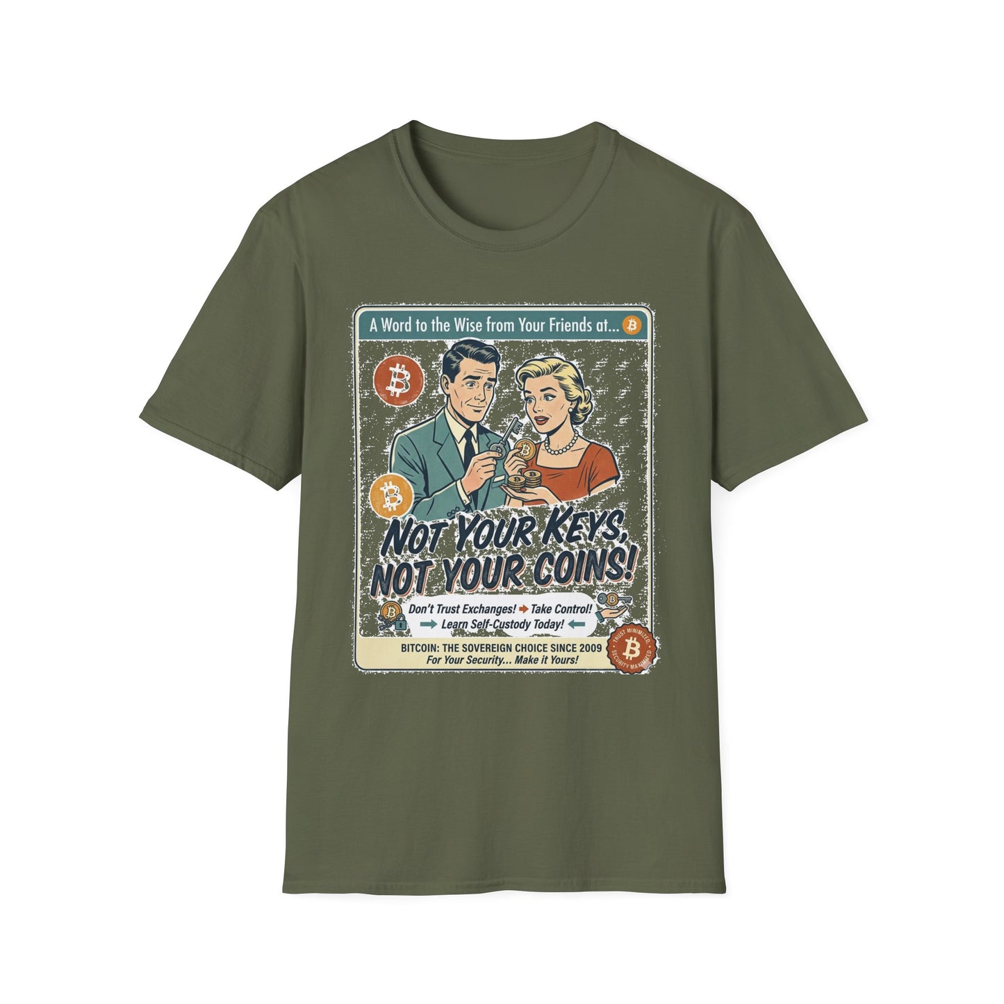 Bitcoin Retro Safety Tee — "Not Your Keys, Not Your Coins!"