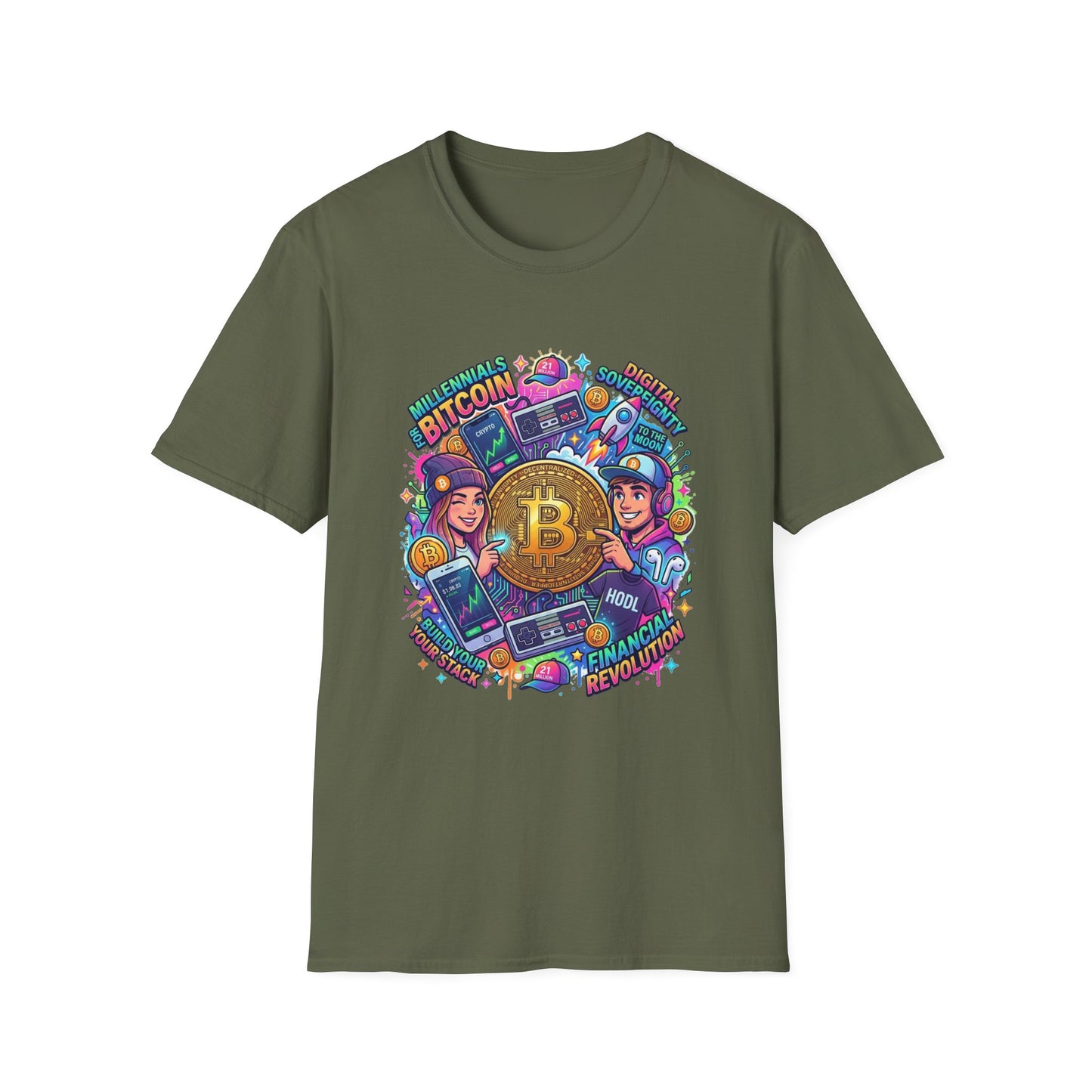 Bitcoin Millennial Crypto Crew T‑Shirt — Colorful Crypto Mining Graphic Tee