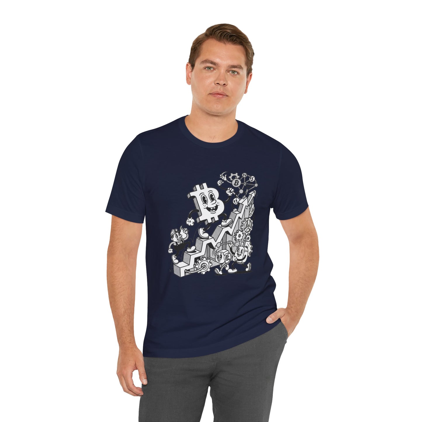 Bitcoin Growth Cartoon Tee — Crypto Stairs Illustration T-Shirt