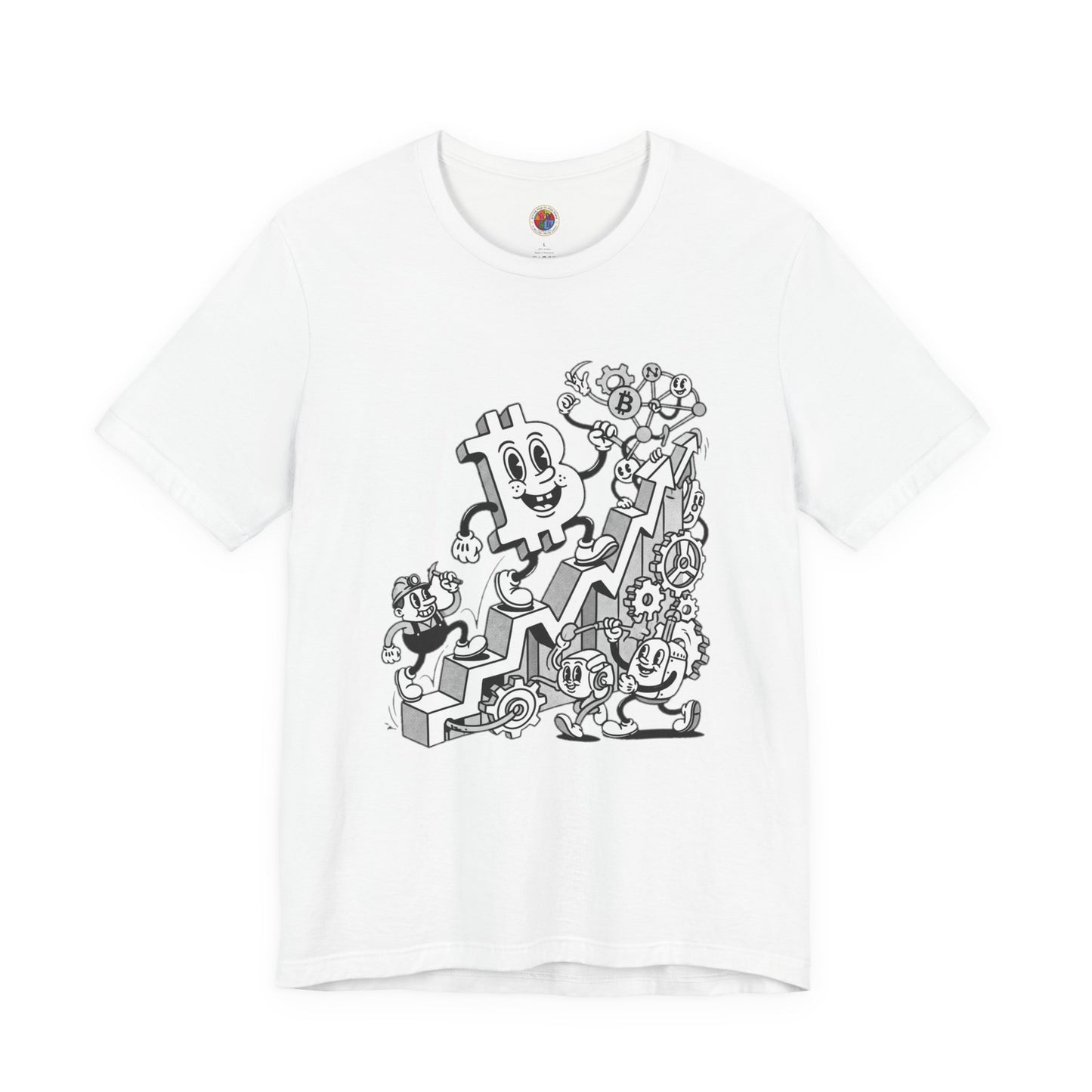 Bitcoin Growth Cartoon Tee — Crypto Stairs Illustration T-Shirt