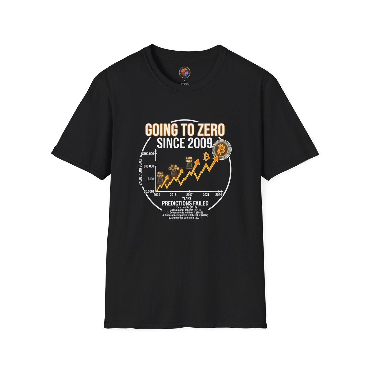 Bitcoin Price Chart T-Shirt — "Going to Zero Since 2009" Crypto Humor Tee