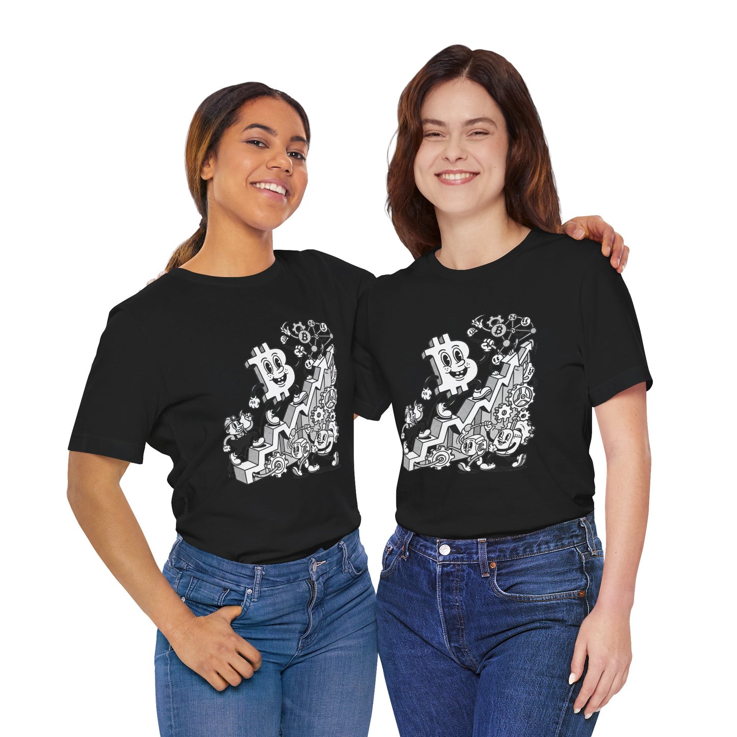 Bitcoin Growth Cartoon Tee — Crypto Stairs Illustration T-Shirt