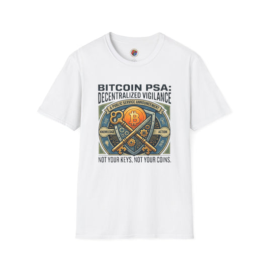 Bitcoin PSA T-Shirt — "Decentralized Vigilance: Not Your Keys, Not Your Coins"