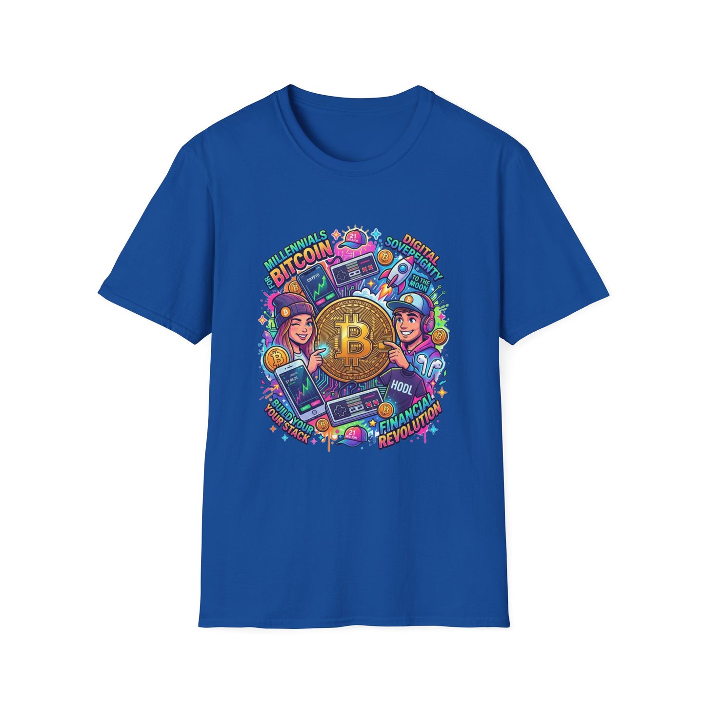 Bitcoin Millennial Crypto Crew T‑Shirt — Colorful Crypto Mining Graphic Tee