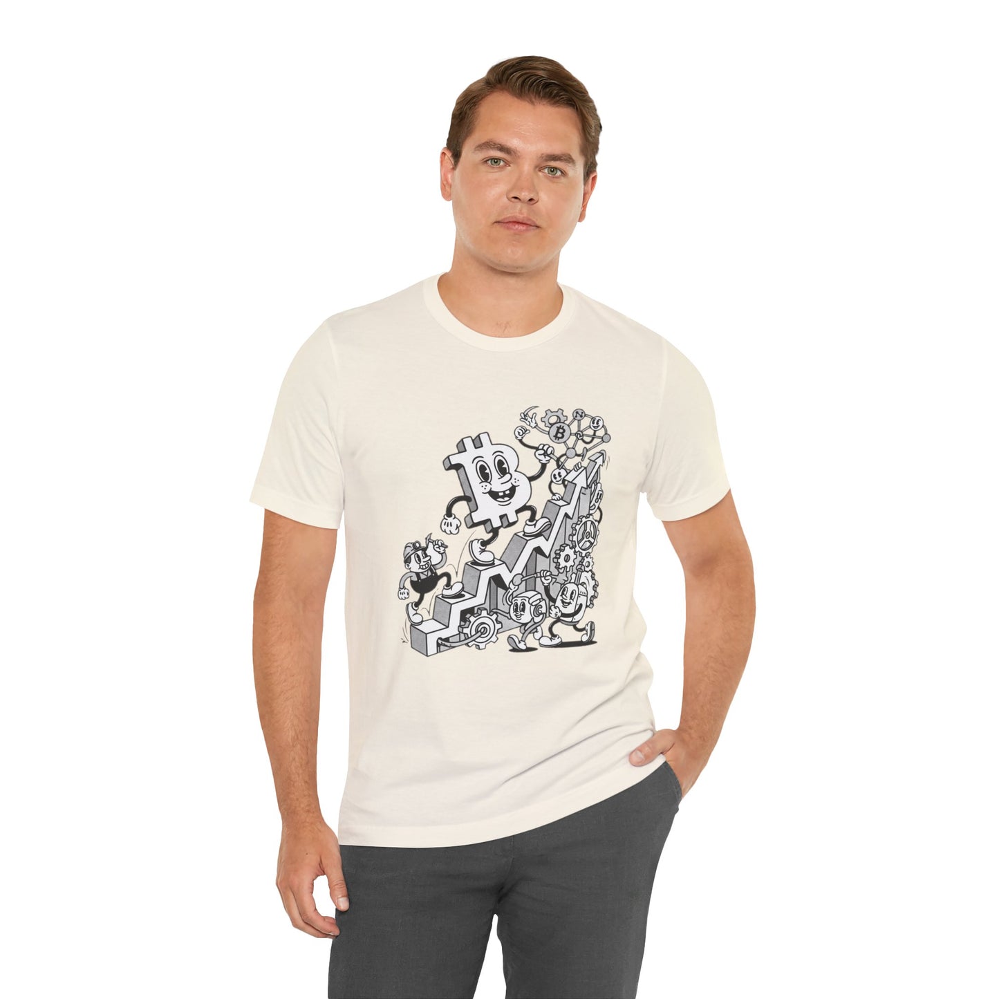 Bitcoin Growth Cartoon Tee — Crypto Stairs Illustration T-Shirt