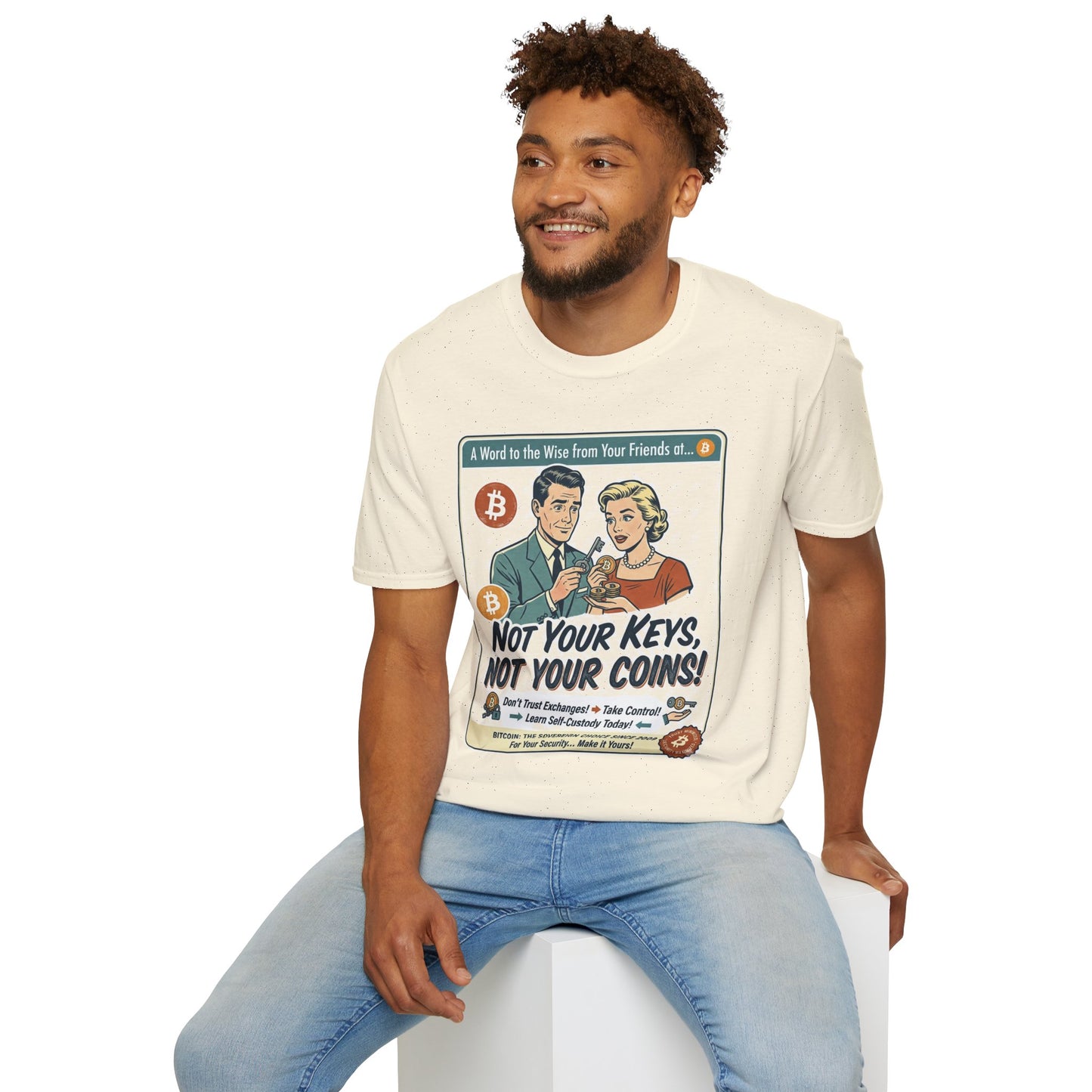 Bitcoin Retro Safety Tee — "Not Your Keys, Not Your Coins!"