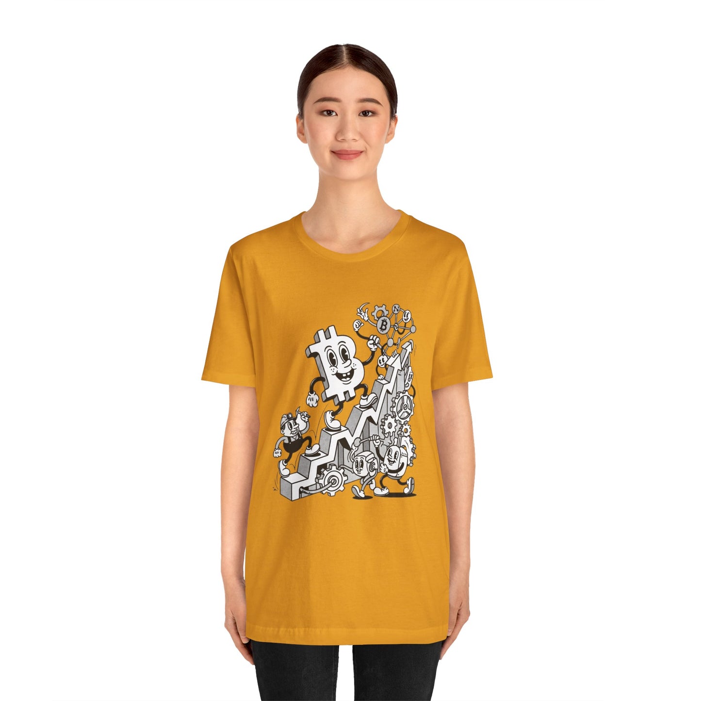 Bitcoin Growth Cartoon Tee — Crypto Stairs Illustration T-Shirt