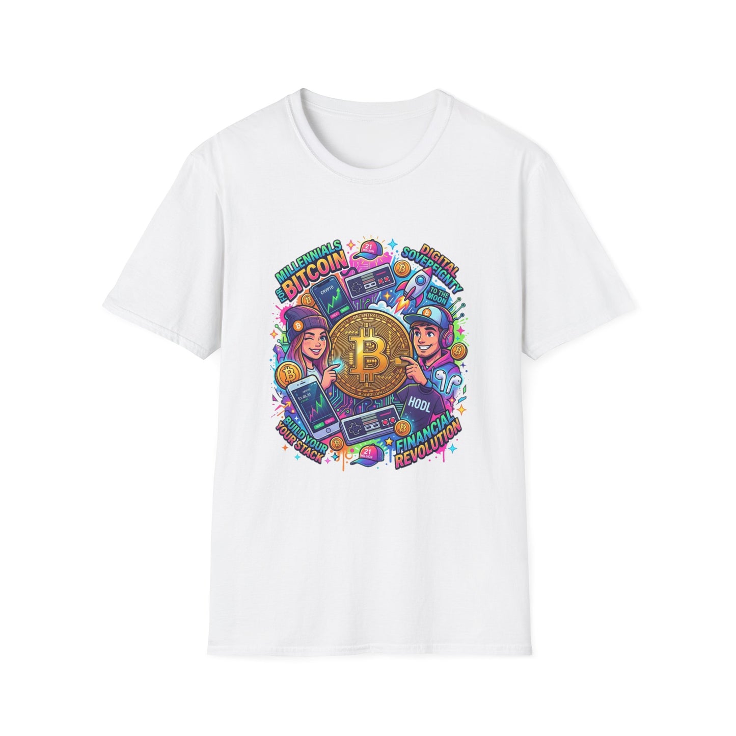 Bitcoin Millennial Crypto Crew T‑Shirt — Colorful Crypto Mining Graphic Tee