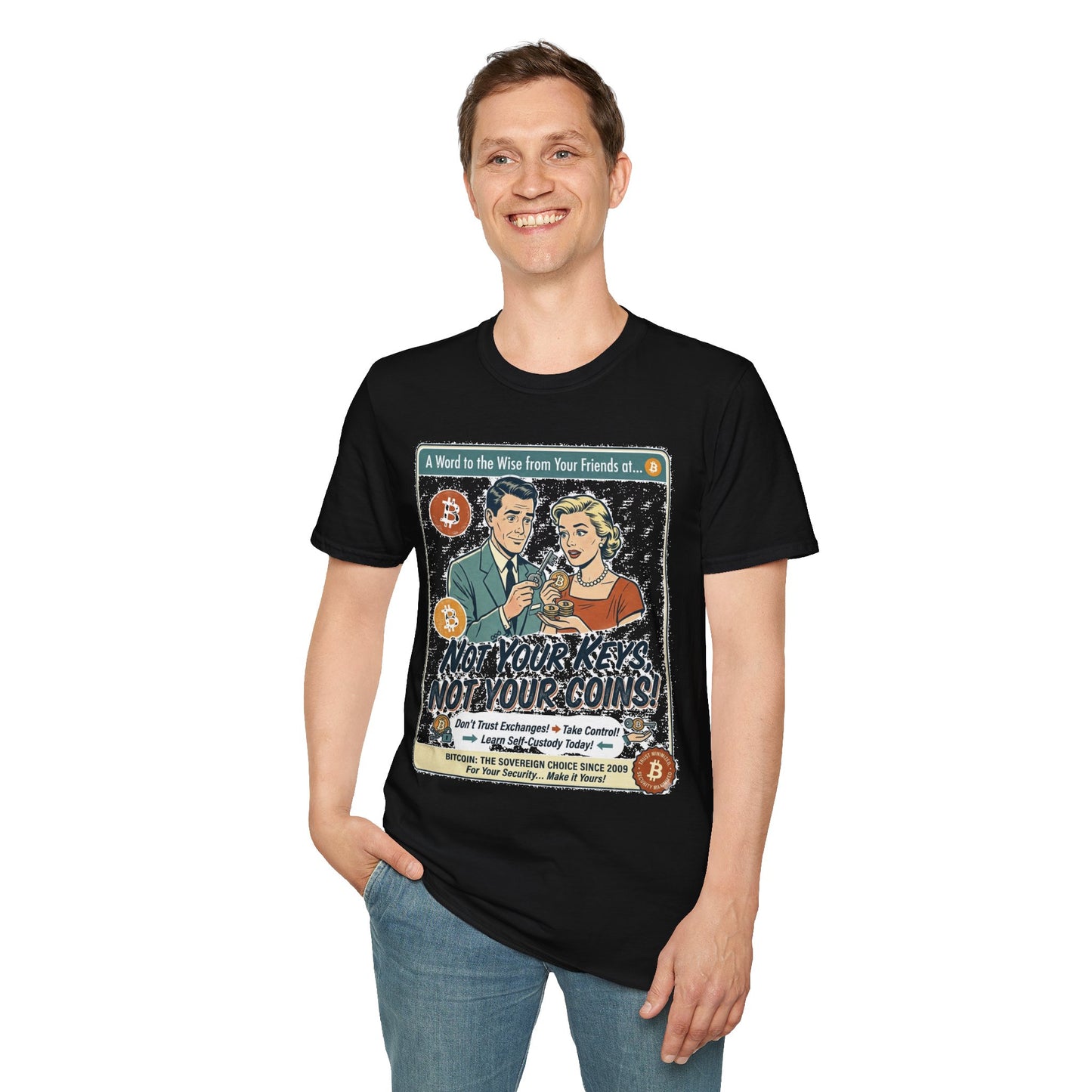 Bitcoin Retro Safety Tee — "Not Your Keys, Not Your Coins!"