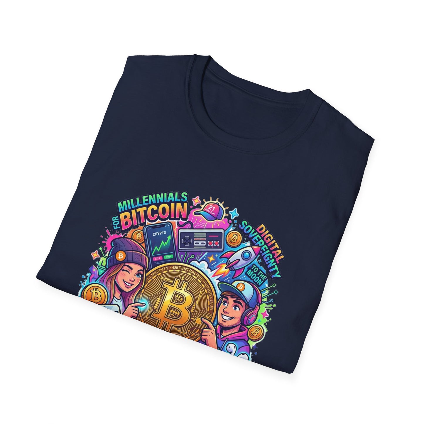 Bitcoin Millennial Crypto Crew T‑Shirt — Colorful Crypto Mining Graphic Tee