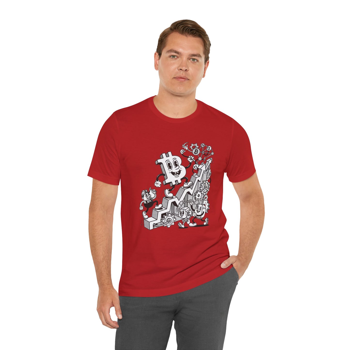 Bitcoin Growth Cartoon Tee — Crypto Stairs Illustration T-Shirt