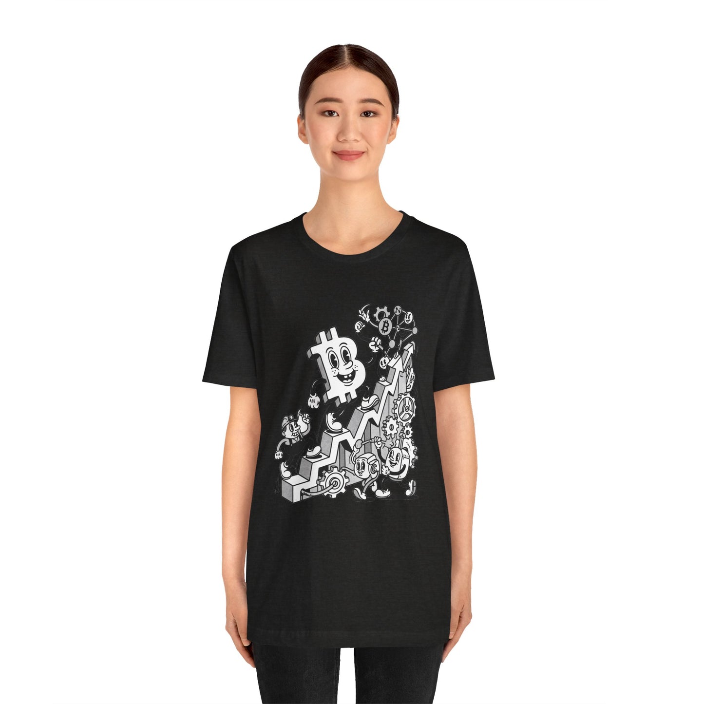 Bitcoin Growth Cartoon Tee — Crypto Stairs Illustration T-Shirt