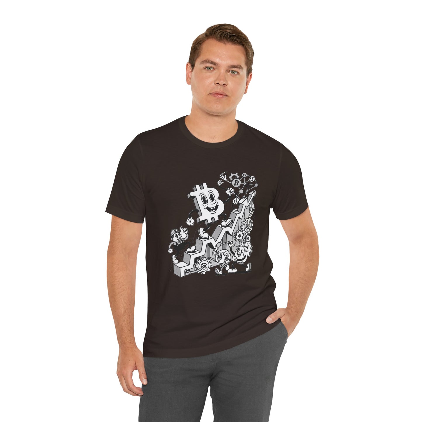 Bitcoin Growth Cartoon Tee — Crypto Stairs Illustration T-Shirt