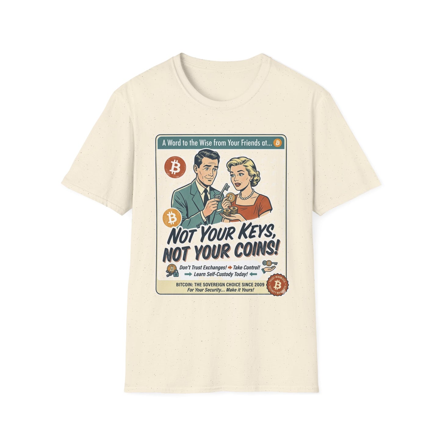 Bitcoin Retro Safety Tee — "Not Your Keys, Not Your Coins!"
