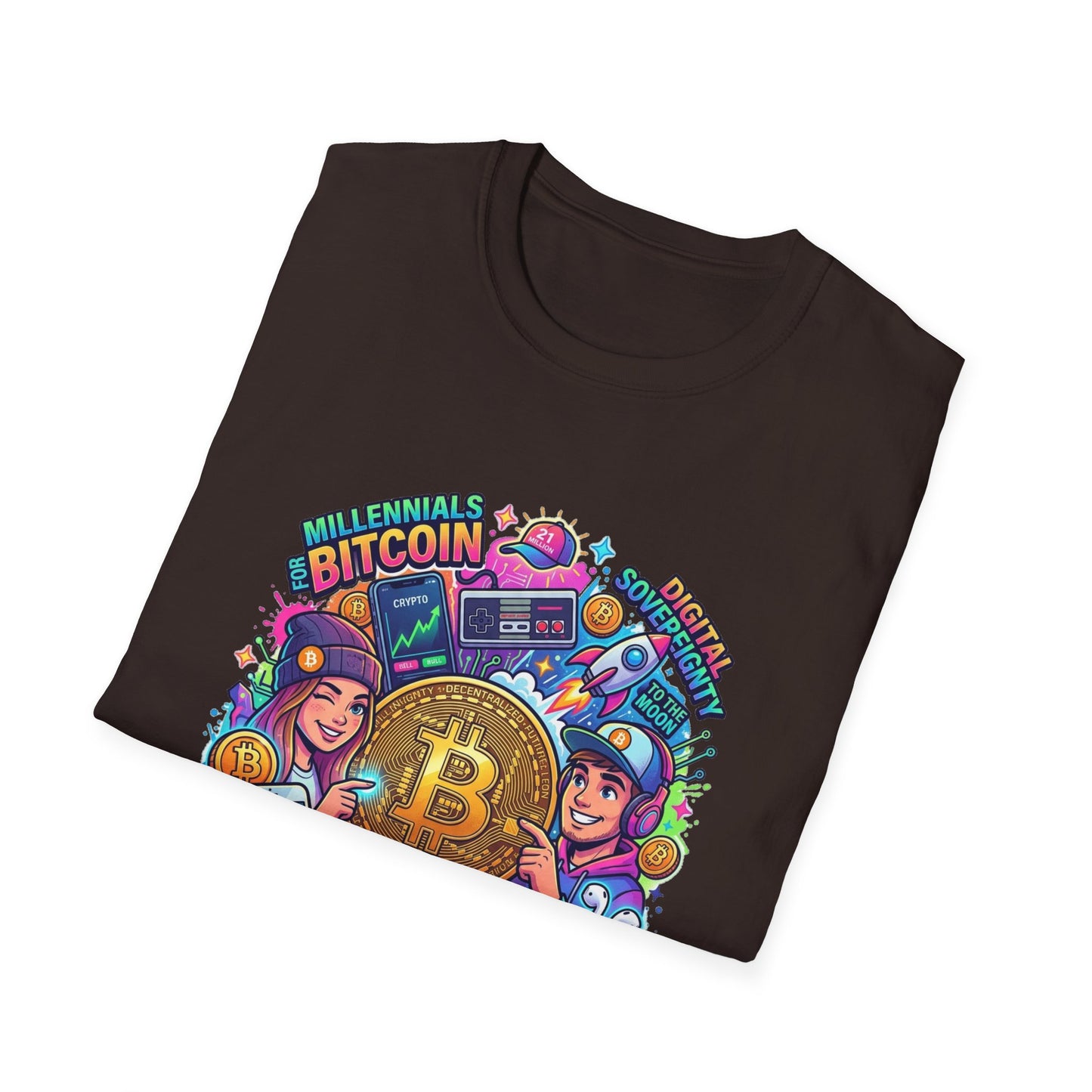Bitcoin Millennial Crypto Crew T‑Shirt — Colorful Crypto Mining Graphic Tee