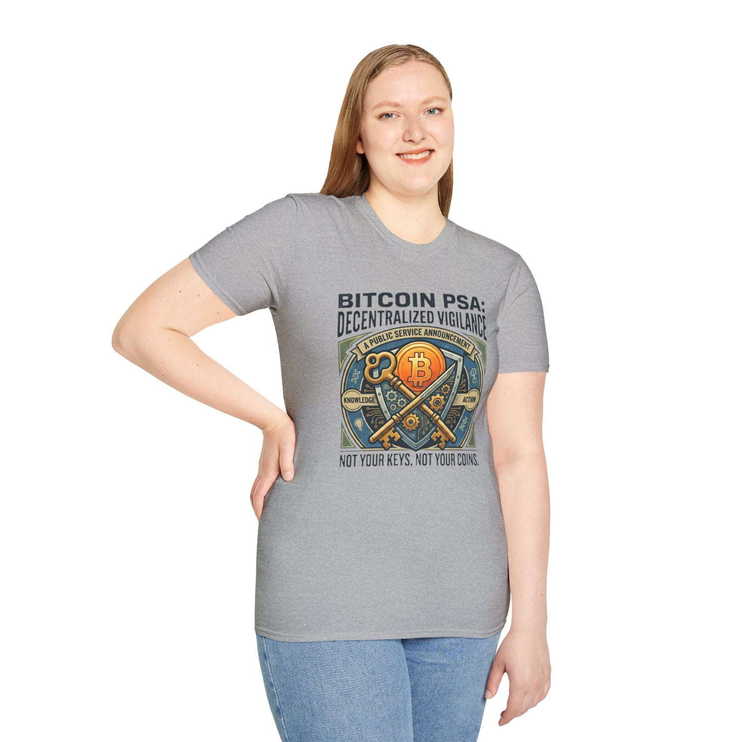Bitcoin PSA T-Shirt — "Decentralized Vigilance: Not Your Keys, Not Your Coins"
