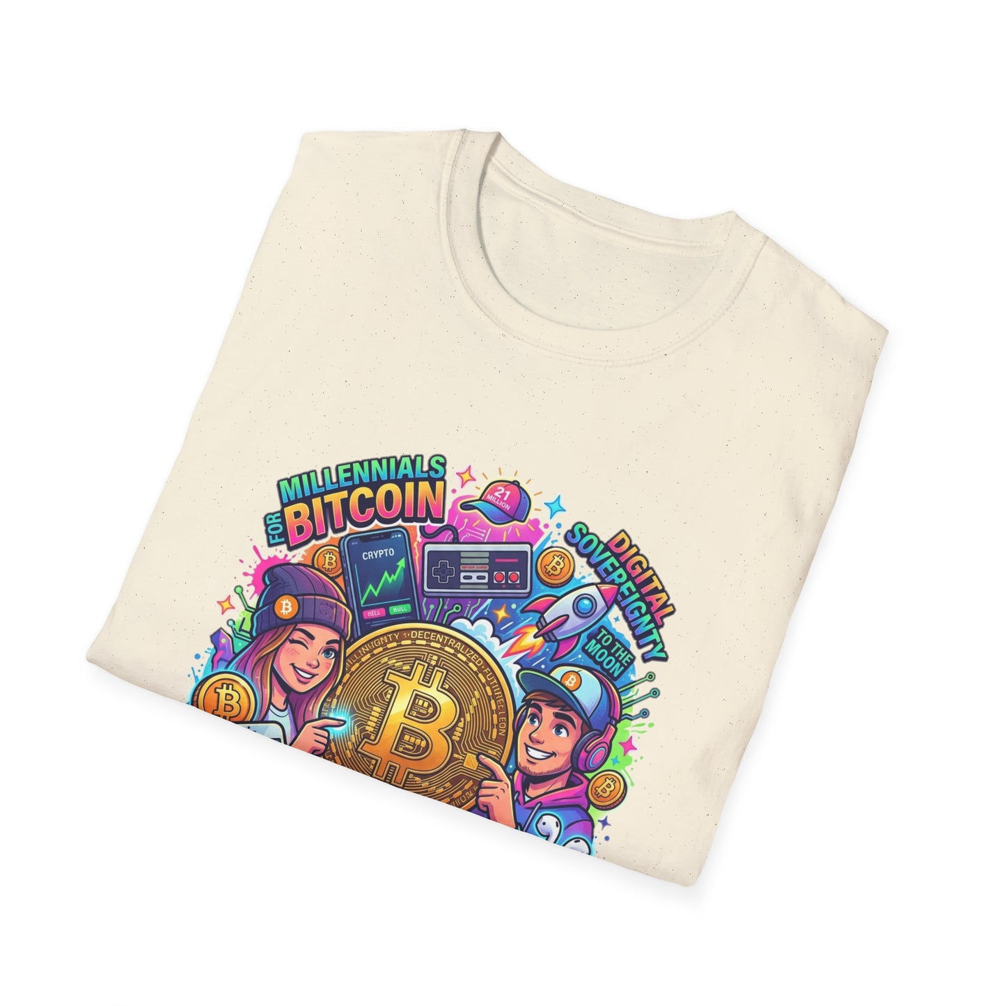 Bitcoin Millennial Crypto Crew T‑Shirt — Colorful Crypto Mining Graphic Tee