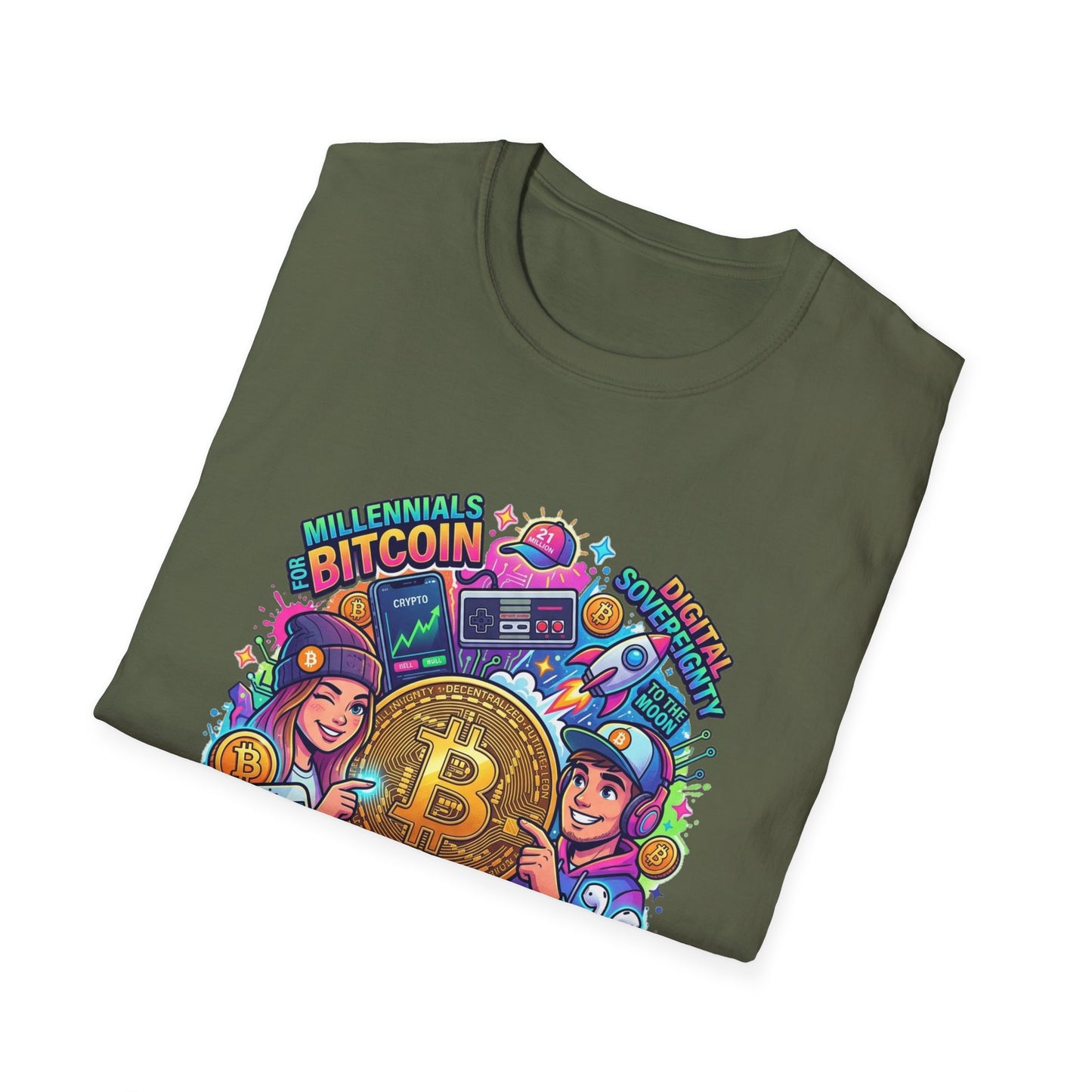 Bitcoin Millennial Crypto Crew T‑Shirt — Colorful Crypto Mining Graphic Tee