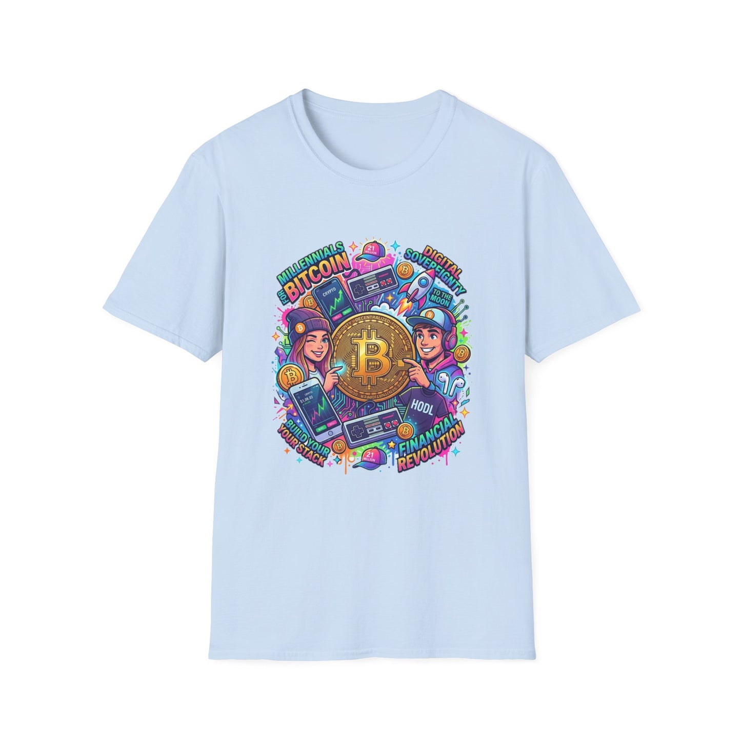 Bitcoin Millennial Crypto Crew T‑Shirt — Colorful Crypto Mining Graphic Tee