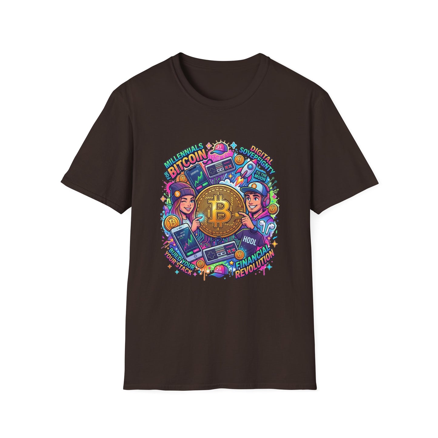 Bitcoin Millennial Crypto Crew T‑Shirt — Colorful Crypto Mining Graphic Tee