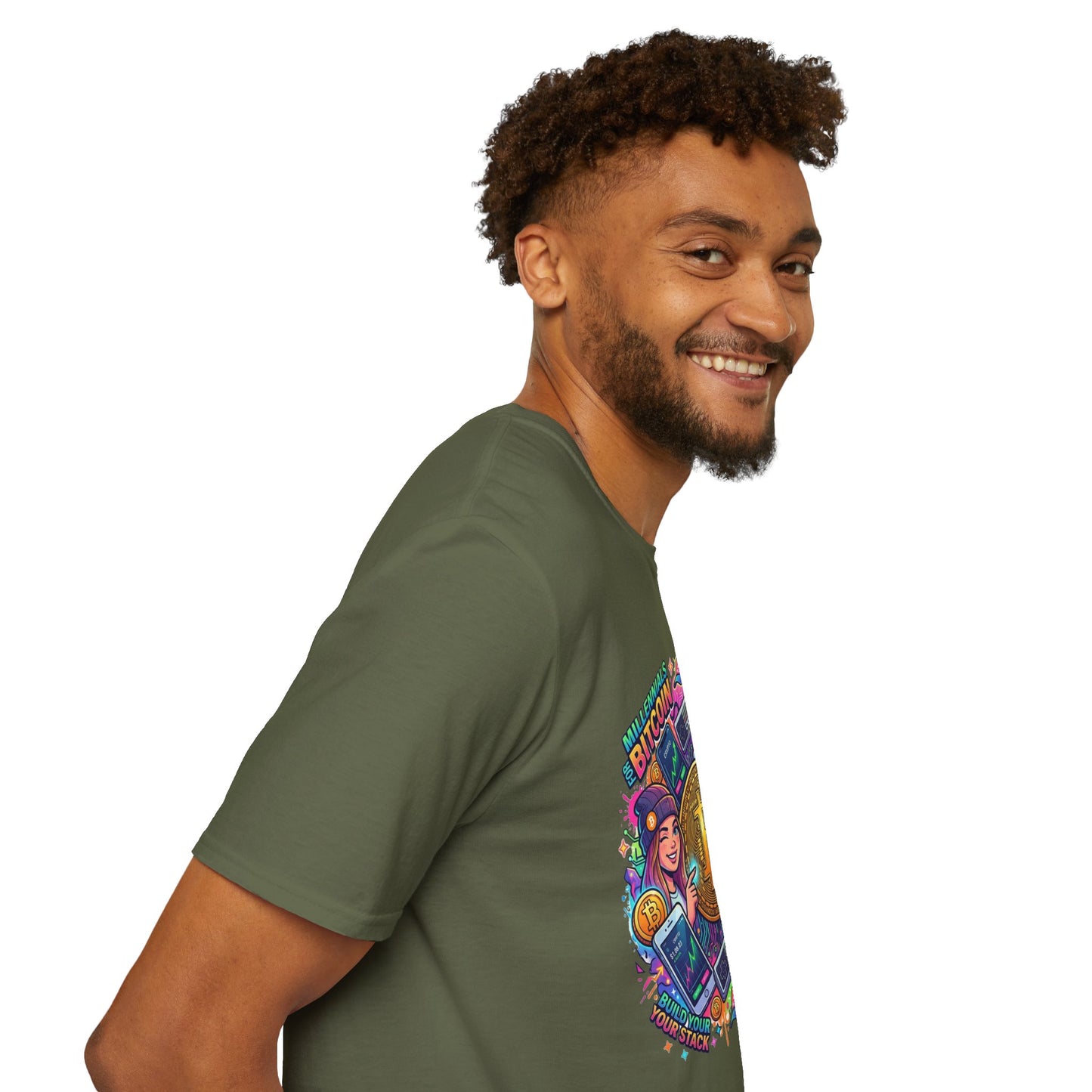 Bitcoin Millennial Crypto Crew T‑Shirt — Colorful Crypto Mining Graphic Tee