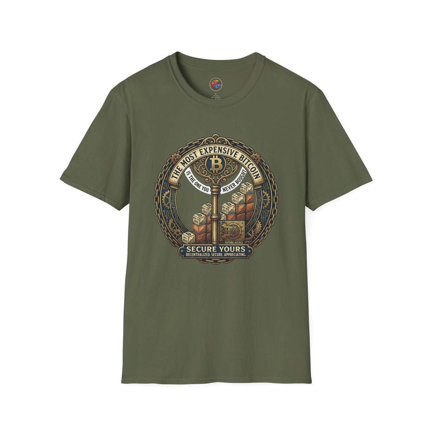Bitcoin Vintage Key & Vault T-Shirt — "Secure Yours" Cryptocurrency Graphic Tee